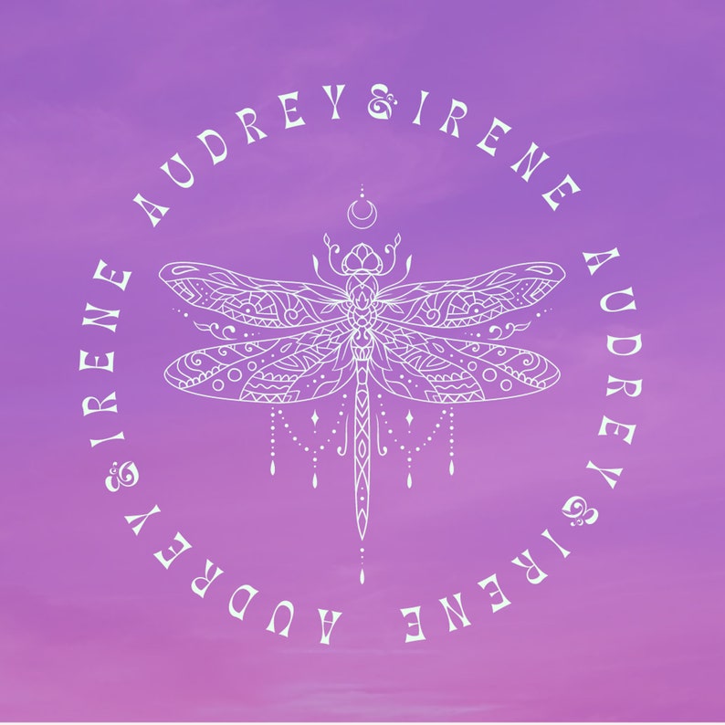 May include: A white outline of a dragonfly with intricate details on a purple background. The dragonfly is surrounded by a circle with the text "Audrey & Irene Audrey & Irene" repeated around the circle.