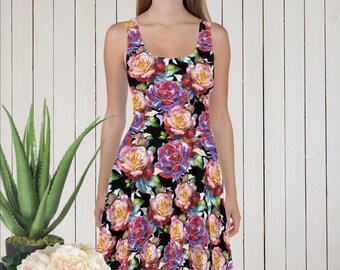 70s Vintage Skater Dress Floral Pattern White Green Brown 10 12