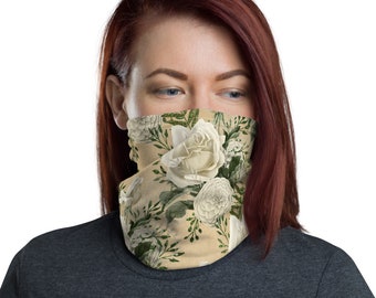 White Roses Floral Neck Gaiter Scarf Face Shield