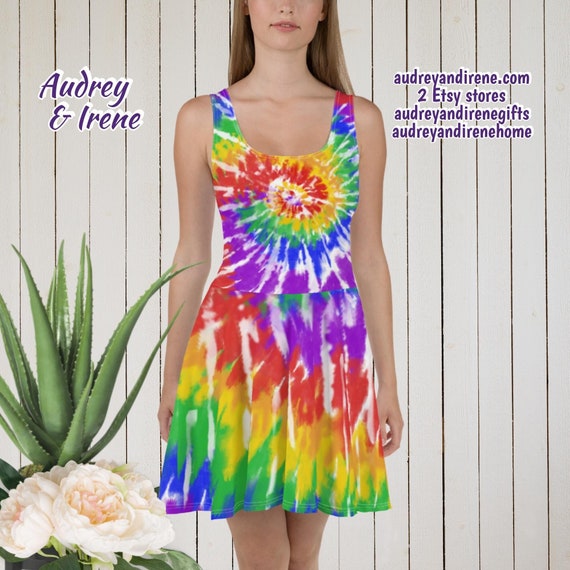 hippie skater dress Trippy Hippie Good Vibes Printed Skater Dress for Women, Unique Patterned Dress, All Over Print Sleeveless Dress, Plus Size Summer Dress