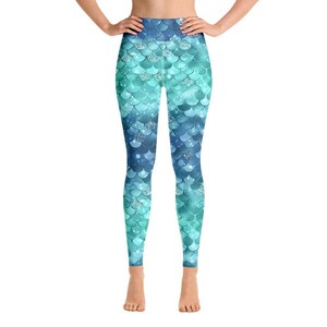 Aqua Blue Mermaid Scales Fantasy Yoga Pants Leggings