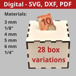 Hucha hucha ahorro 28 tamaños, varios grosores de material | SVG DXF PDF para cortar con cortadora láser | hucha