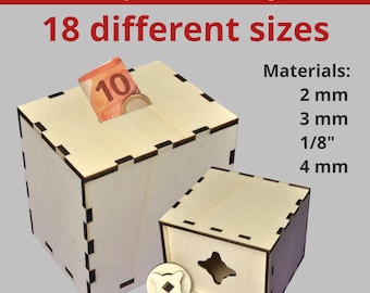 Laser-cut money box SVG DXF PDF | 18 sizes | resealable | money box laser cut | piggy bank template | gift for birthdays and family celebrations