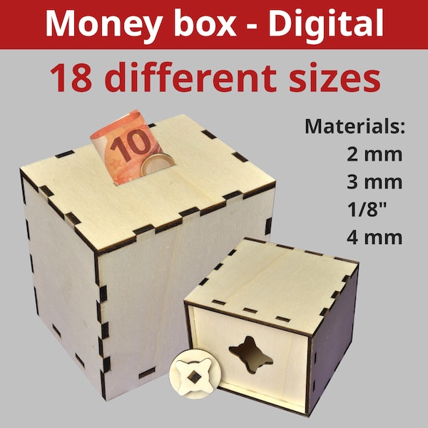 Money box resealable digital | 18 sizes | multiple material thicknesses | for laser cutting SVG DXF PDF | piggy bank