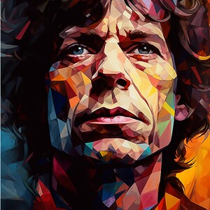 May include: A colourful, abstract portrait of a man with long, dark hair. The image is created using a geometric style with sharp angles and vibrant colours.
