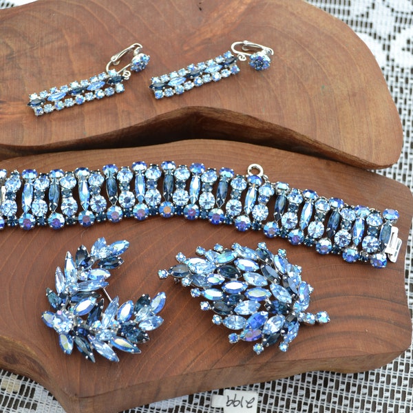 1950's Dazzling SHERMAN Cobalt, Light Blue Bracelet, Brooch's and Earring Set