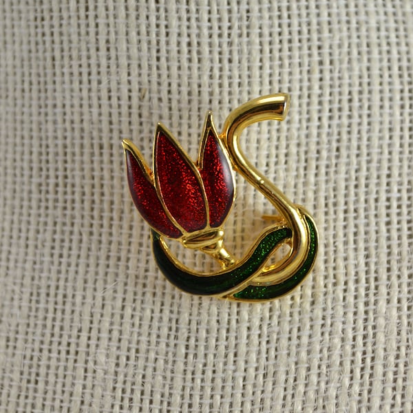 Vintage Red Tulip Flower Enamel " SFJ " Gold tone Brooch