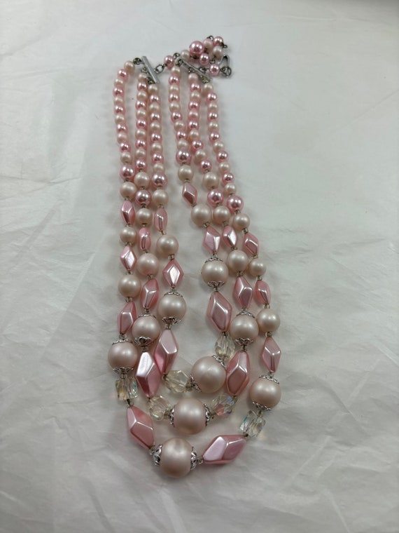 Beautiful Pink 3 Strand Vintage Beaded Necklace - image 1