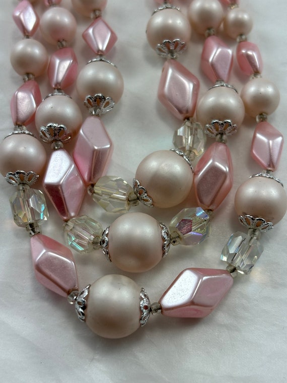 Beautiful Pink 3 Strand Vintage Beaded Necklace - image 2