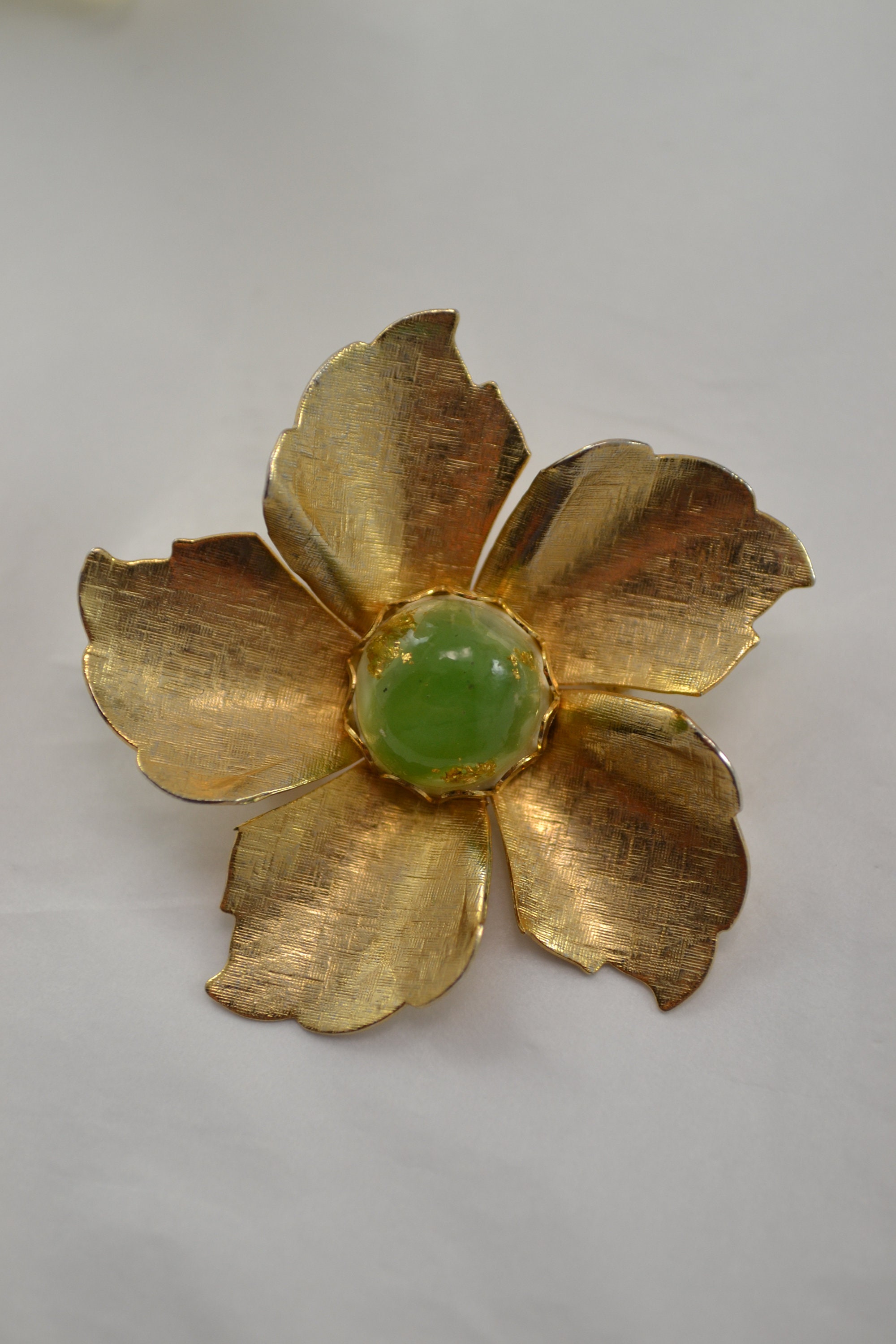Broche Vintage Fleur Trèfle Cabochon Style Opaline Or - Bijou Ancien N°5255, Occasion