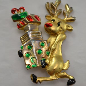 Vintage Gold Tone Rudolph Red Nose Rena Carregando Presentes Broche