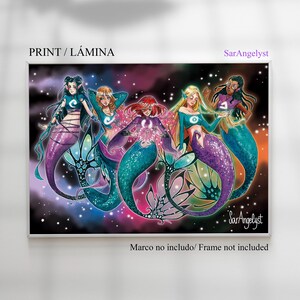 May include: A framed print featuring five mermaids with colorful tails and tops, set against a cosmic background. The mermaids have varying hair colors and styles. The print includes the text "PRINT / LÁMINA" and the artist's signature.