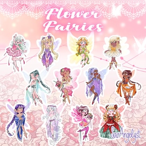 Puede incluir: Una colección de ilustraciones de hadas coloridas con temas florales. La imagen presenta hadas con varios tonos de piel, peinados y atuendos, cada una con delicadas alas. El texto "Flower Fairies" se muestra en la parte superior y la firma del artista en la parte inferior.