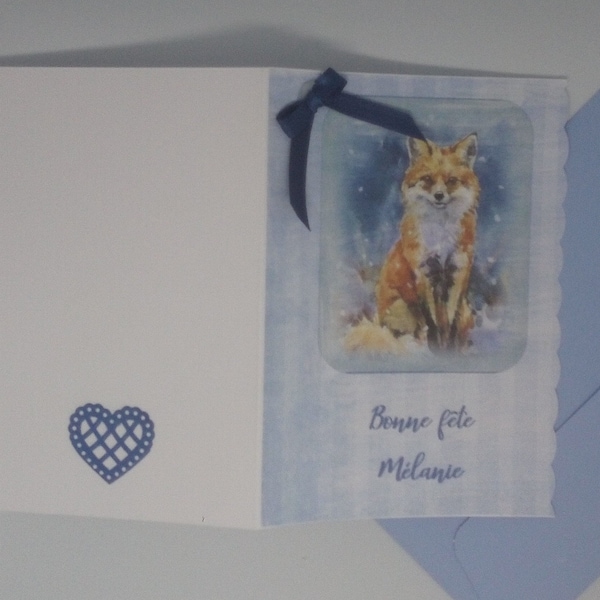 Carte d'anniversaire bleue personnalisée avec animaux de la forêt - Adorable renard