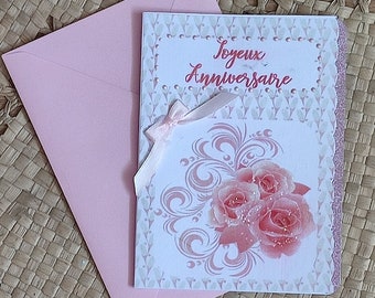 Carte d'anniversaire double personnalisée avec motif roses roses pour femme ou jeune fille - Enveloppe incluse