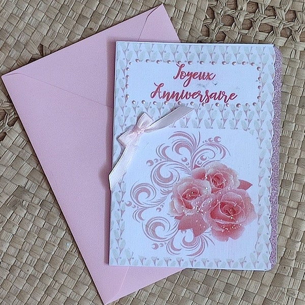 Carte d'anniversaire double personnalisée avec motif roses roses pour femme ou jeune fille - Enveloppe incluse