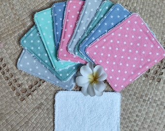 Lingettes lavables éponge de coton lot de 9 - Motif petites étoiles blanches sur fond de couleur au choix : gris, vert, rose ou bleu jean