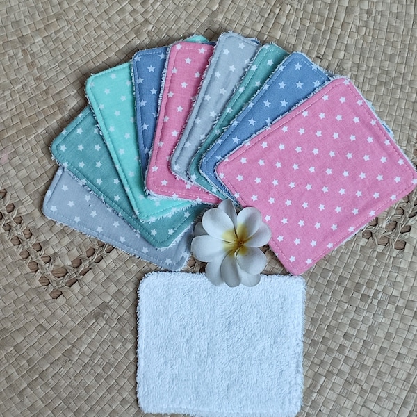 Lingettes lavables éponge de coton lot de 9 - Motif petites étoiles blanches sur fond de couleur au choix : gris, vert, rose ou bleu jean