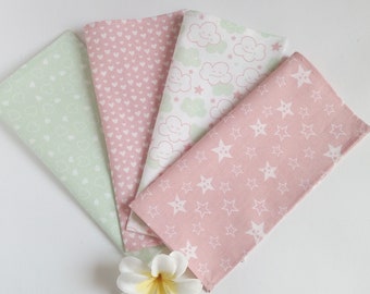 Pack of washable handkerchiefs - Pastel pink and green clouds pattern for girls, practical and reusable