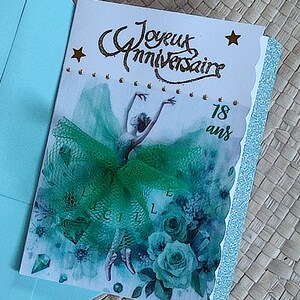 Carte danseuse étoile vert émeraude avec tutu tulle vert