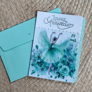 Carte d'anniversaire danseuse femme en vert émeraude - Design élégant Modèle 2