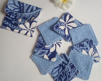 Kit de lingettes démaquillantes bleues avec motif polynésien et pochette de voyage