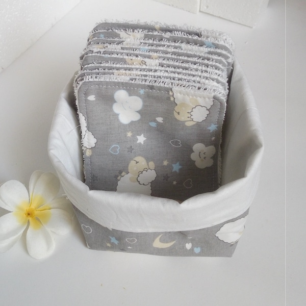 Ensemble pratique panière et lingettes lavables assorties - Motif bébés moutons gris et blanc, idéal comme cadeau de naissance