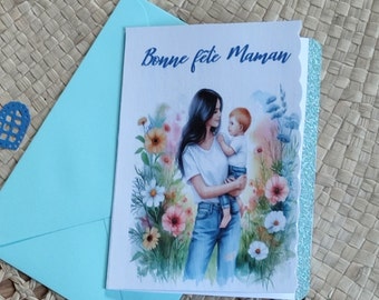 Carte d'anniversaire - bonne fête Maman - femme en bleue