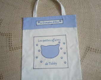 Sac fourre-tout personnalisé écru et bleu pour gâter votre chaton au quotidien