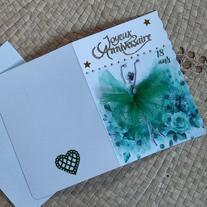 Carte danseuse étoile vert émeraude avec tutu tulle vert recto verso