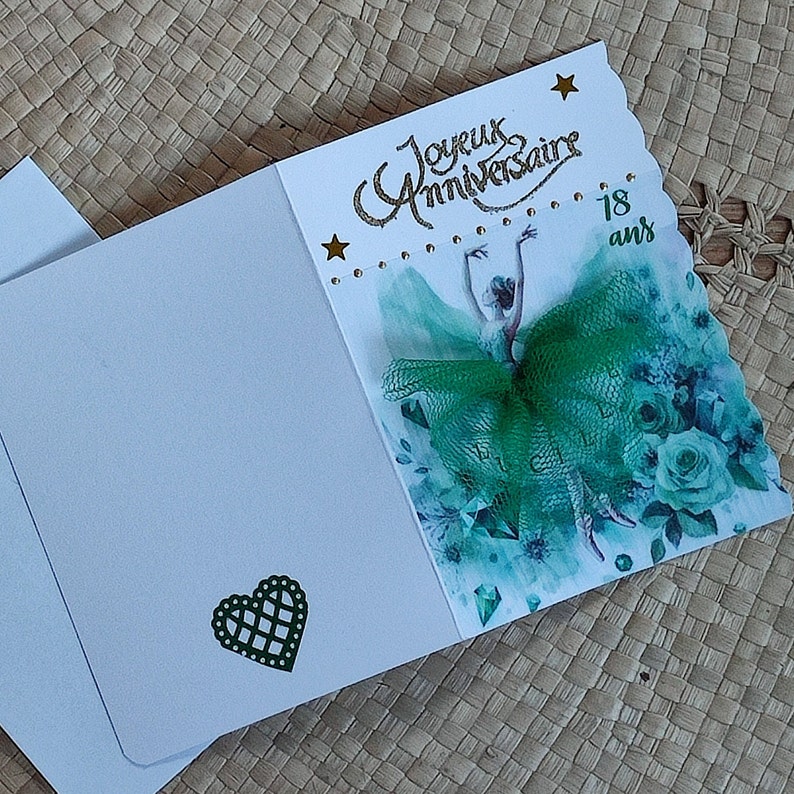 Carte danseuse étoile vert émeraude avec tutu tulle vert recto verso