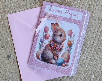 Carte de Pâques rose personnalisée avec lapin - Célébrez les fêtes avec originalité!