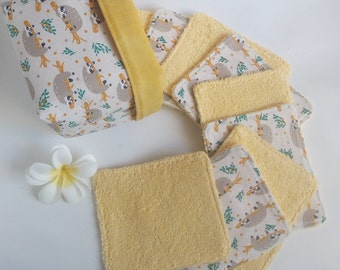 Washable baby wipes and basket for changing table - Yellow and gray sloth pattern