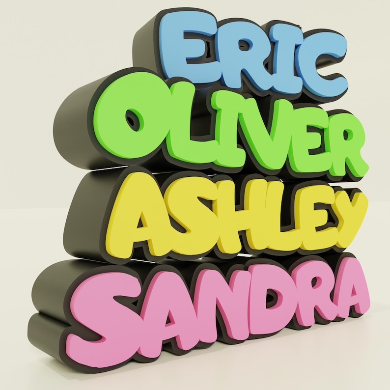 Puede incluir: Una representaci&oacute;n 3D de cuatro nombres apilados: Eric, Oliver, Ashley y Sandra. Cada nombre tiene un color diferente: azul, verde, amarillo y rosa. Los nombres tienen un contorno negro y est&aacute;n apilados uno encima del otro.