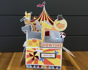 big top,stage,fun,childrens card,circus,band,elephant,bunting,colourful,Laser cut card,pop out card,3d gift card,3d,gift card