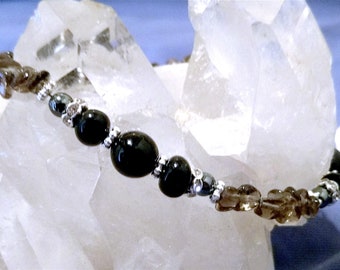 Bracelet protection stone Obsidian Swarovski Smoky quartz hematite