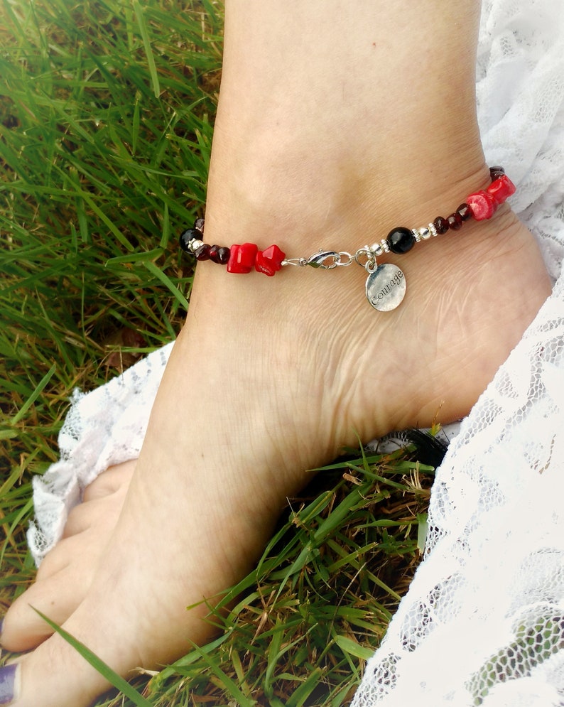 Courage anklet Red Coral Garnet Hematite for grounding and confidence