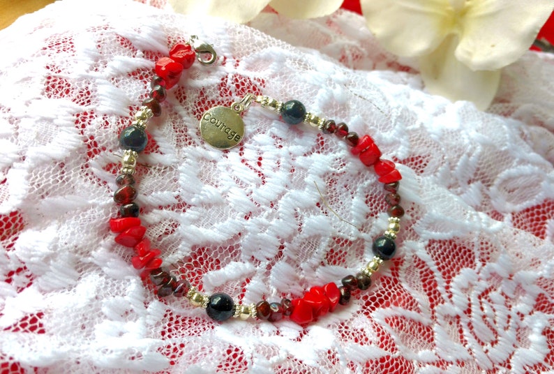 Courage anklet Red Coral Garnet Hematite for grounding and confidence