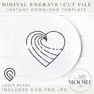 May include: A black and white digital download design of a wave inside a heart shape. The design is laser ready and includes SVG, PNG, and JPG files.  The design is perfect for creating custom signs, home decor, and other crafts.