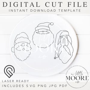 May include: Three black and white line art illustrations of Santa Claus heads. The illustrations are on a white background.