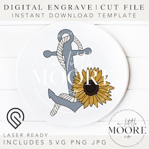 Puede incluir: Un archivo digital descargable SVG, PNG y JPG de un ancla azul con una cuerda envuelta alrededor y un girasol amarillo. El ancla y el girasol están sobre un fondo blanco. El texto "MOORE" es visible en el fondo.