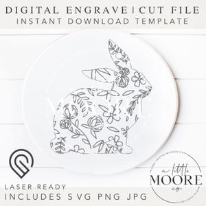 Floral Easter Bunny Basket Tag: Engraved Rabbit Silhouette (Digital File SVG/PNG/JPG)