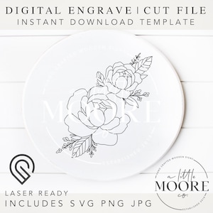 Peony Duo Florals | Arquivo de corte digital | SVG PNG PDF | Glowforge Laser Ready | Template Scroll Saw | Flores desenhadas à mão