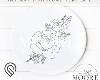 May include: A black and white line drawing of two peonies with leaves on a white background. The image is labelled "DIGITAL ENGRAVE CUT FILE INSTANT DOWNLOAD TEMPLATE LASER READY INCLUDES SVG PNG JPG".