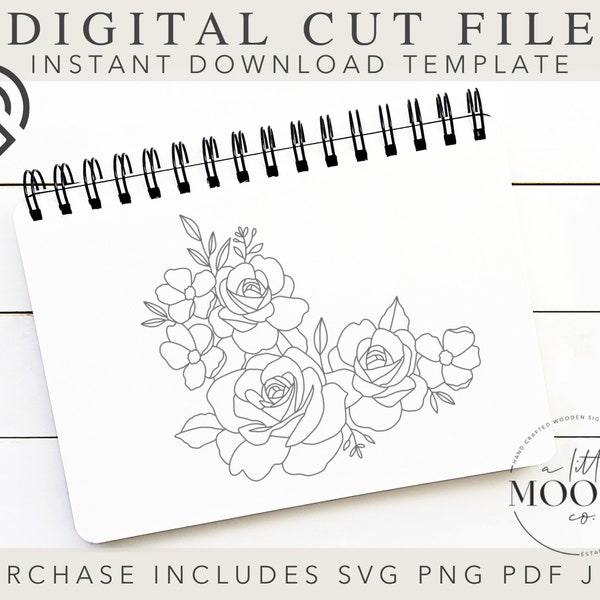 Roses & Poppy Florals | Digital Cut File | SVG PNG PDF | Glowforge Laser Ready | Scroll Saw Template | Hand Drawn Flowers