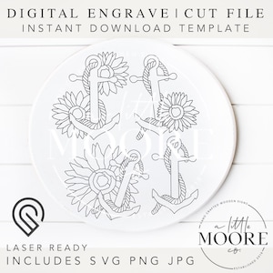 Puede incluir: Una plantilla de descarga digital para un diseño de corte por láser o grabado que presenta cuatro ancres con detalles de cuerda y girasoles. El diseño está listo para ser utilizado en proyectos de artesanía.