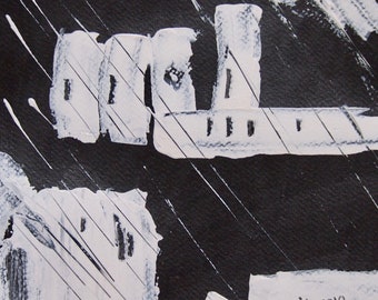 Peut inclure: Peinture abstraite en noir et blanc avec des coups de peinture blanche sur un fond noir. La peinture présente des formes géométriques et des lignes, créant un sentiment de mouvement et de profondeur. La signature de l'artiste, "mimib 2018", est visible dans le coin inférieur droit.