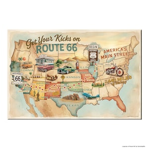 May include: A vintage-style map of the United States featuring the Route 66 path. Text includes Get Your Kicks on ROUTE 66, America's Main Street, and 2448 Miles of History. Illustrations show classic cars, a diner, a motorcycle, and landmarks.