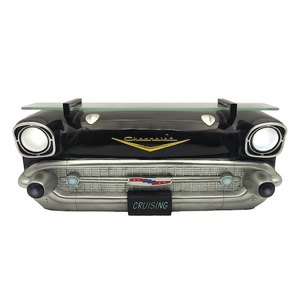 1957 Chevrolet Bel Air Wall Shelf, Floating Shelf, Tempered Glass, Black, 20x6.1x8 inches, LED Headlights, Chevy Decor, Classic Car Fan Gift