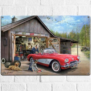 Chevy Corvette C1 Metal Wall Sign 18&quot;x12&quot;, Vintage Muscle Car Aluminum Wall Art, Chevrolet Classic Car Decor for Garage, Man Cave, or Home